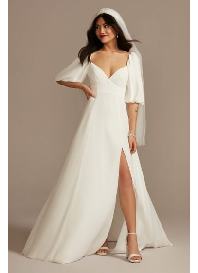 Bubble Sleeve Georgette V-Neck Wedding Dress - Perfect for the boho bride, this V-neck wedding